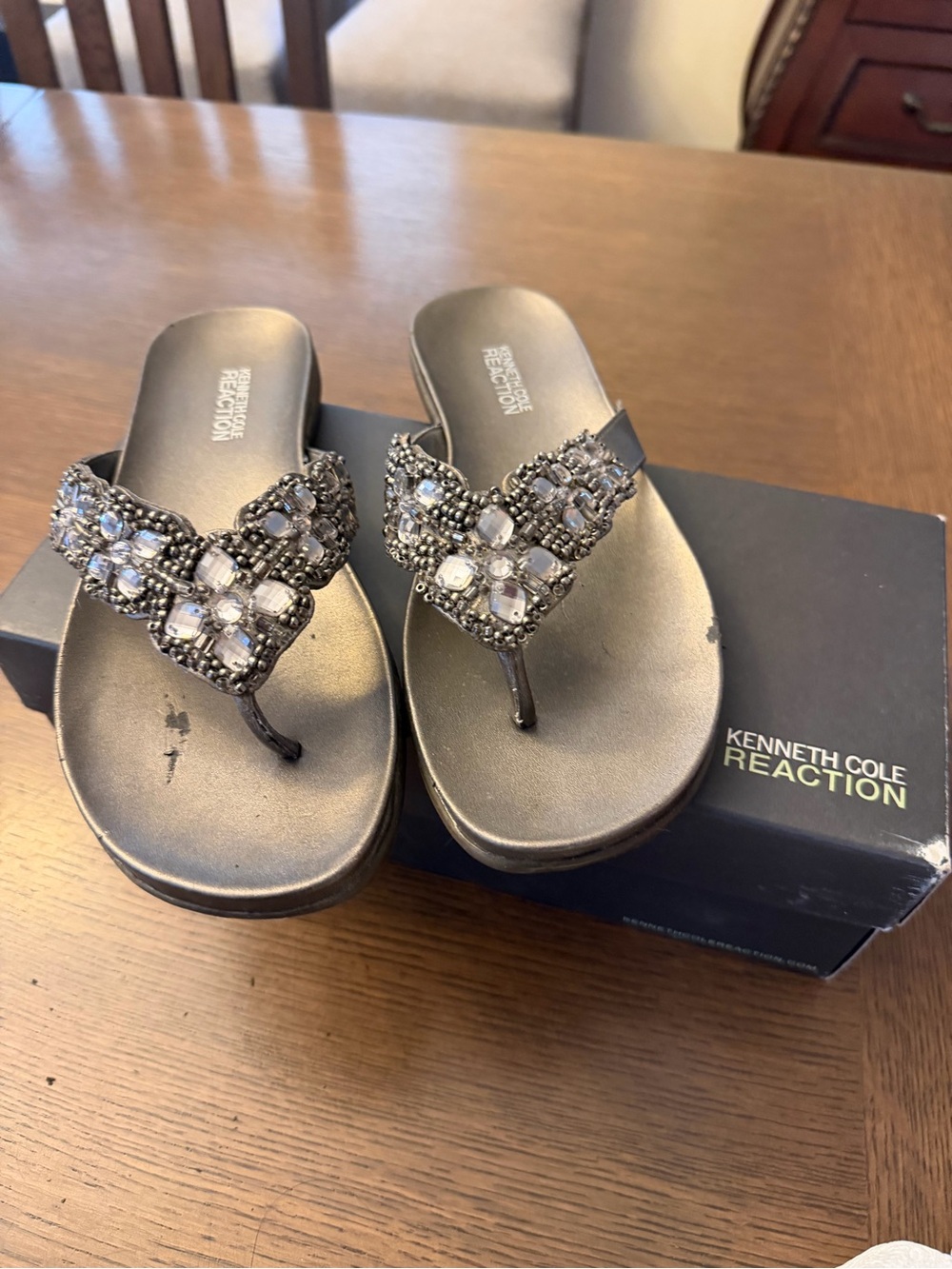 Kenneth Cole Reaction Silver Jeweled Thong Sandals